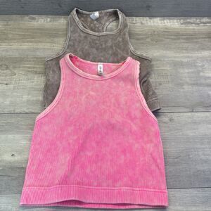 Zenana Ribbed Knit Racerback Tank Top Pink Brown L XL Womens Stretch Set of 2